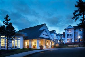 front entrance at dusk