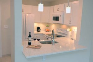 kitchen with wine on the counter