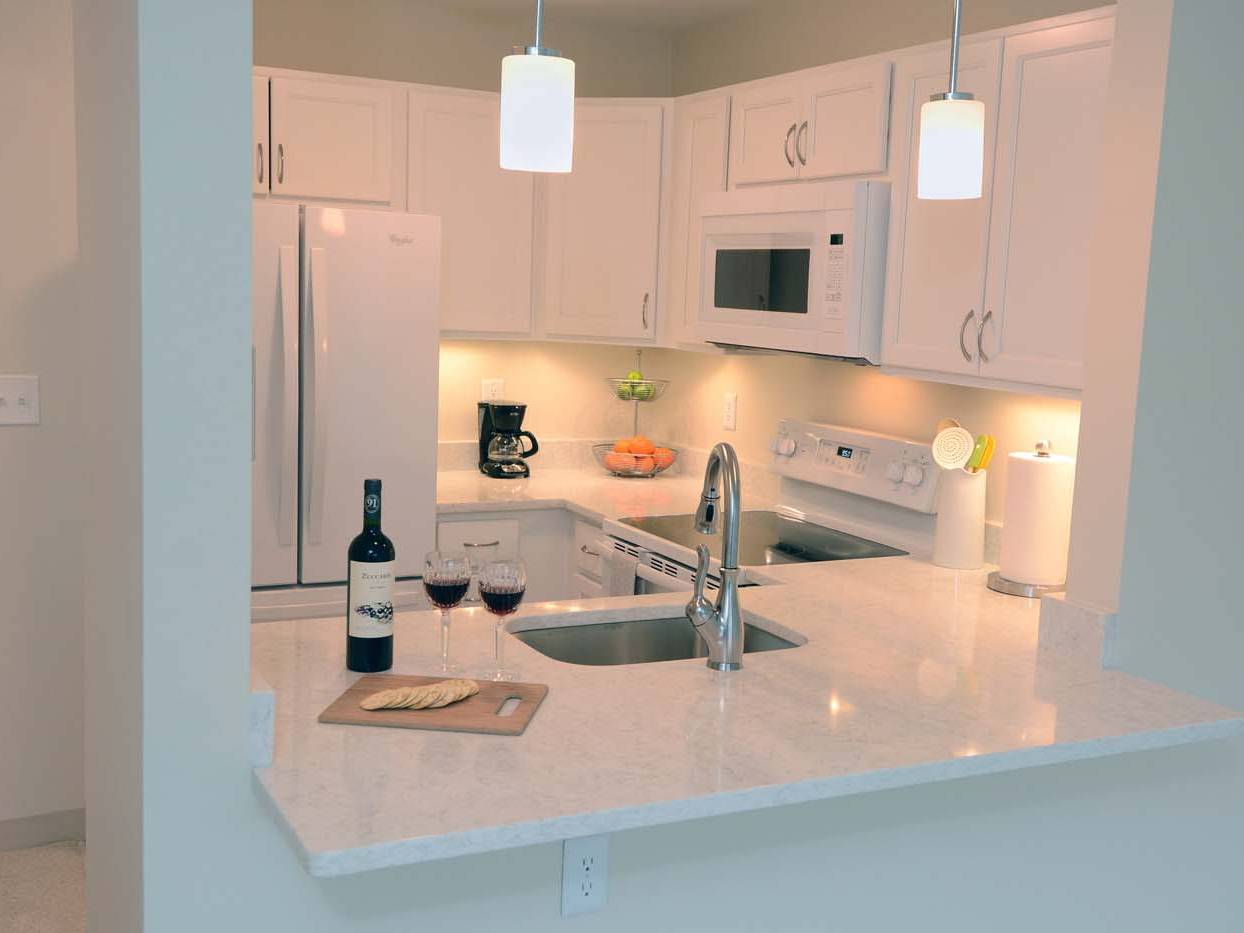 kitchen with wine on the counter
